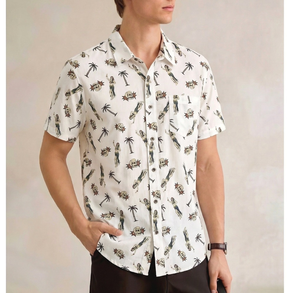 VSTR‎ Button Down Shirt Mens Medium White Skull Hula Girl New Short Sleeve
